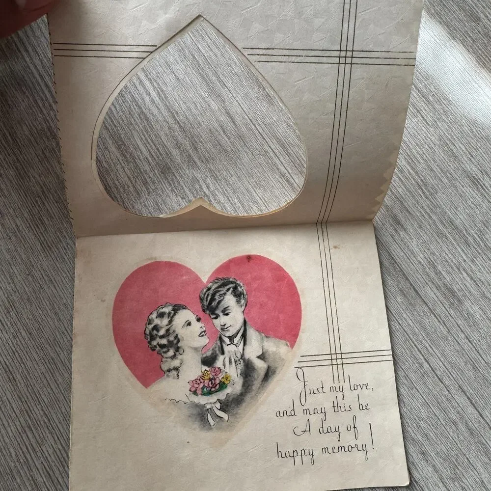 Antique Valentine’s Day Card – Cut Out Heart Window Romantic Couple Floral